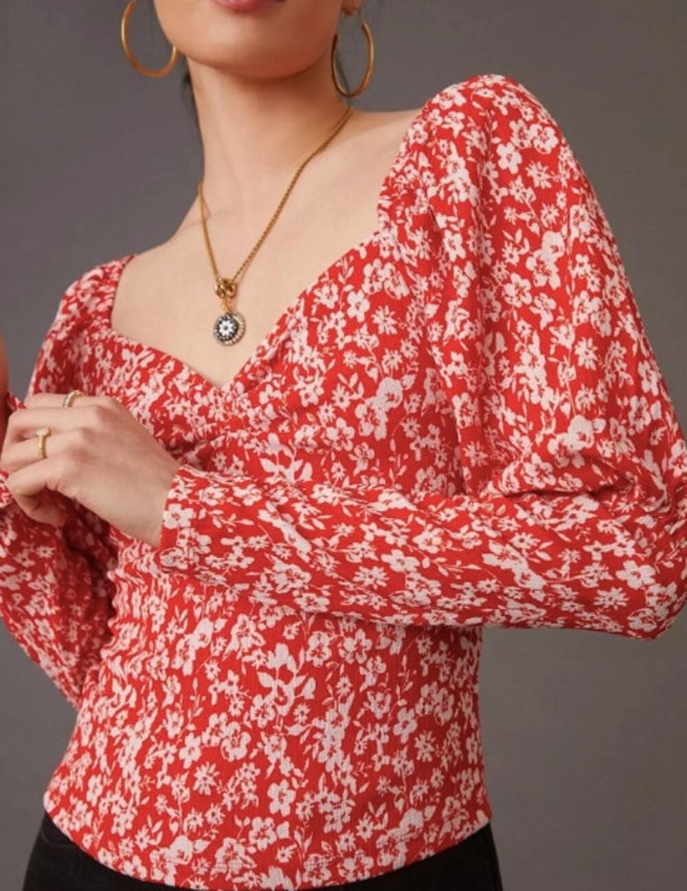 Anthropologie Red White Floral Puff Long Sleeve Pullover Blouse Size S